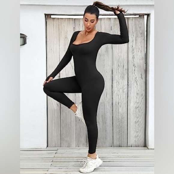 One Piece Bodycon Jumpsuits Square Neck Long Sleeve Thumb Holes Size Medium - Picture 1 of 9